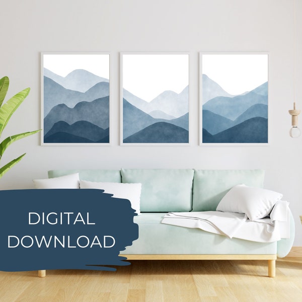 Blue Watercolor Mountain Range Art Print, Landscape Wall Art, Set of 3, Digital Download, Modern Art