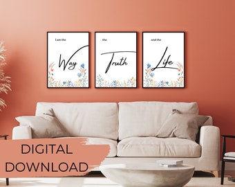 John 14:6 Bible Verse Wall Art, Scripture Art Print, Floral Design, Bible Verse, KJV, Printable Art, Home Decor, Digital Download