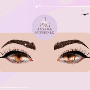 Pode incluir: Um close-up de dois olhos castanhos com cílios longos e sobrancelhas definidas. Os olhos estão sobre um fundo cor de pêssego claro.