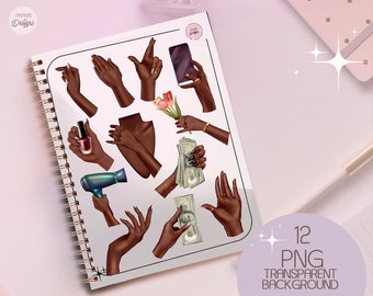 Puede incluir: Doce ilustraciones digitales de manos en varias poses, incluyendo sosteniendo un teléfono, esmalte de uñas, flores, dinero y un secador de pelo. Las ilustraciones están sobre un fondo blanco con el texto "12 PNG FONDO TRANSPARENTE".