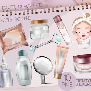clipart de routine de soin de la peau, fête au spa, soins personnels numériques, clipart fille de salon de spa, esthéticienne, graphisme d'accessoires de soin de la peau, produits de beauté png thumbnail