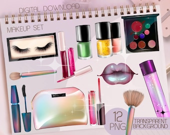 12 Cosmetic Accessories PNG Clipart: makeup bag, lipgloss, eyebrows, makeup graphics Instagram stickers (Digital Download)