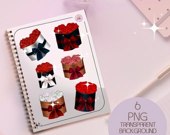 May include: Six digital illustrations of red, pink, and white roses in boxes with red and white ribbons. The illustrations are on a white background with a gold spiral bound notebook and a pink polka dot notebook in the background. The text "6 PNG TRANSPARENT BACKGROUND" is at the bottom of the image.