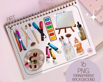 Art Supplies Clipart: Paint, Brushes, Palette, watercolor, color pencil, canva (PNG Digital Download)