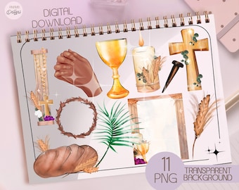 May include: A set of 11 digital illustrations of religious symbols, including a chalice, a cross, a crown of thorns, a loaf of bread, a candle, a palm branch, and a hand in prayer. The illustrations are in a watercolor style and have a transparent background.