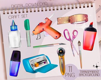 11 Craft Tools Clipart: Art and School Supplies, printer, creative project elementsPNG (Digital Download)