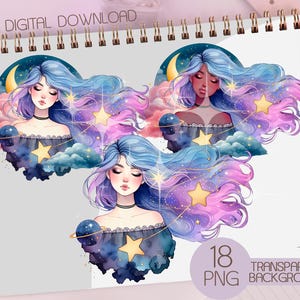 Kosmische dames png, mystic girl graphics, wolk en ster grafisch, fantasie meisje, hemelse clipart, aquarel maan png, aquarel mystiek