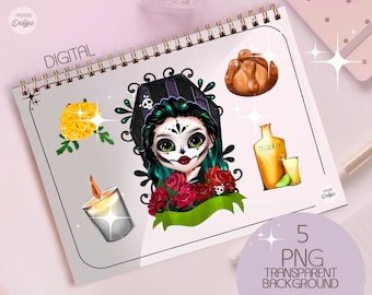 Dia De Los Muertos Clipart Stickers, Sugar Skull Design (PNG Digital Download)