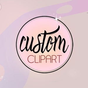 May include: A pink and white gradient background with a circle containing the text "custom clipart" in black lettering. The circle has a black outline and a pink interior. There are white stars in the background.