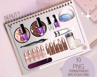 Conjunto de imágenes prediseñadas de manicura: Herramientas para técnicos de uñas, imagen de marca femenina (descarga digital PNG)
