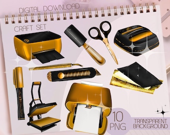 Imágenes prediseñadas de herramientas para manualidades: Conjunto PNG para pequeñas empresas (descarga digital) dorado y negro