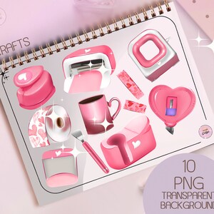 May include: A set of 10 pink craft supplies, including a heart-shaped punch, a heart-shaped die-cutting machine, a heart-shaped paper cutter, a roll of heart-shaped patterned paper, a mug, a heart-shaped sticker dispenser, and a heart-shaped tape dispenser. The image has a white background and the text "CRAFTS" and "10 PNG TRANSPARENT BACKGROUND" in black.