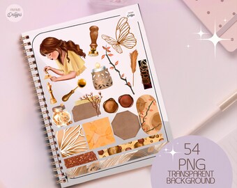 May include: A set of 54 digital planner stickers featuring a whimsical illustration of a woman with a butterfly, a candle, and other decorative elements in shades of brown, gold, and orange. The stickers have a transparent background and are perfect for digital planning.