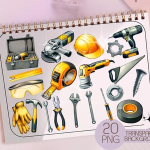Könnte beinhalten: Illustration von Werkzeugen, darunter Werkzeugkasten, Bohrmaschine, Säge, Hammer, Maßband und Schutzbrille. Der Text "20 PNG TRANSPARENT BACKGROUND" ist ebenfalls enthalten.