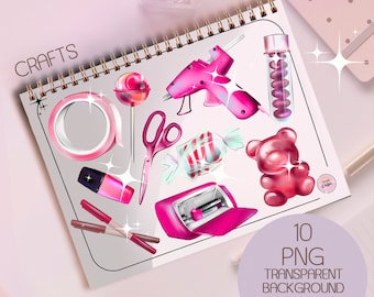 Hot pink Craft Tools Clipart: Scrapbooking and Sticker PNG Set, pink aesthetic (Digital Download)