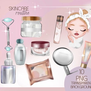 May include: A set of 10 skincare products, including a face roller, a jar of cream, a bottle of serum, a bottle of toner, a cleansing pad, a mirror, and a tube of lotion. The products are illustrated in a cartoon style with a pink background and sparkling details. The text "SKINCARE routine" is written in pink at the top of the image.