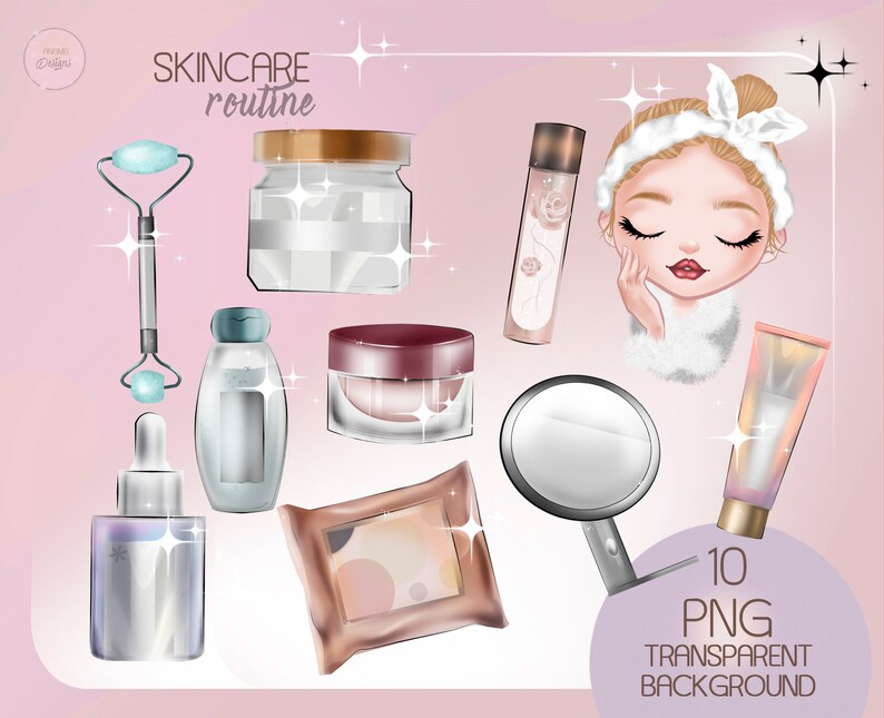 May include: A set of 10 skincare products, including a face roller, a jar of cream, a bottle of serum, a bottle of toner, a cleansing pad, a mirror, and a tube of lotion. The products are illustrated in a cartoon style with a pink background and sparkling details. The text "SKINCARE routine" is written in pink at the top of the image.
