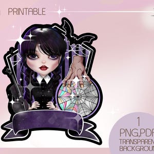 Creepy girl printable cake topper, party birthday theme png, merlina cake topper, cake deco pdf, digital download, png file