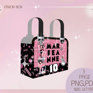 Digital template box, party favor box Black and pink,  pink candy box png, diy treat box pdf, printable purse gift box, digital download