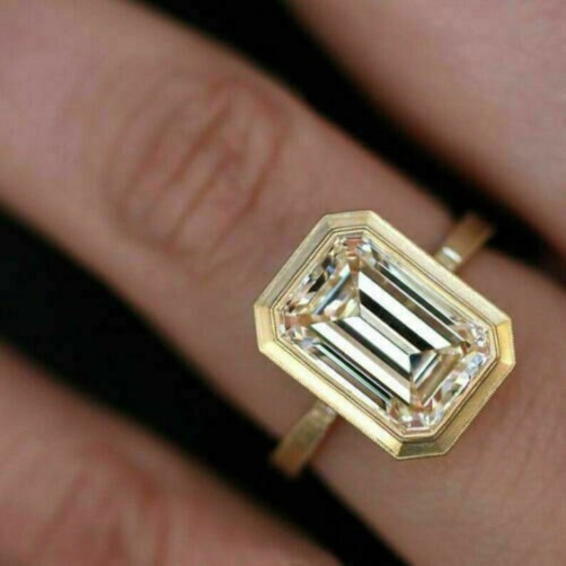 3 CT Emerald Cut Moissanite Ring/ 14K Solid Gold Bezel Ring/ Etsy