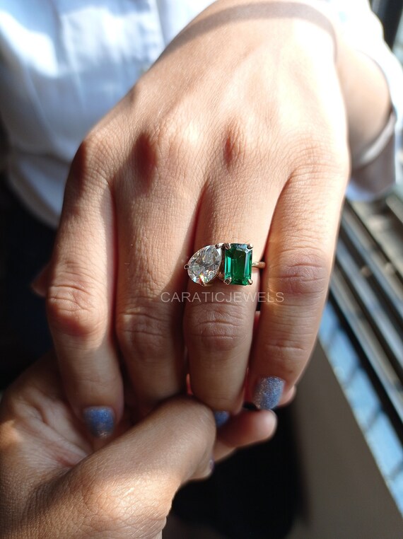 Pear and Emerald Cut Toi Et Moi Moissanite Ring Green Emerald