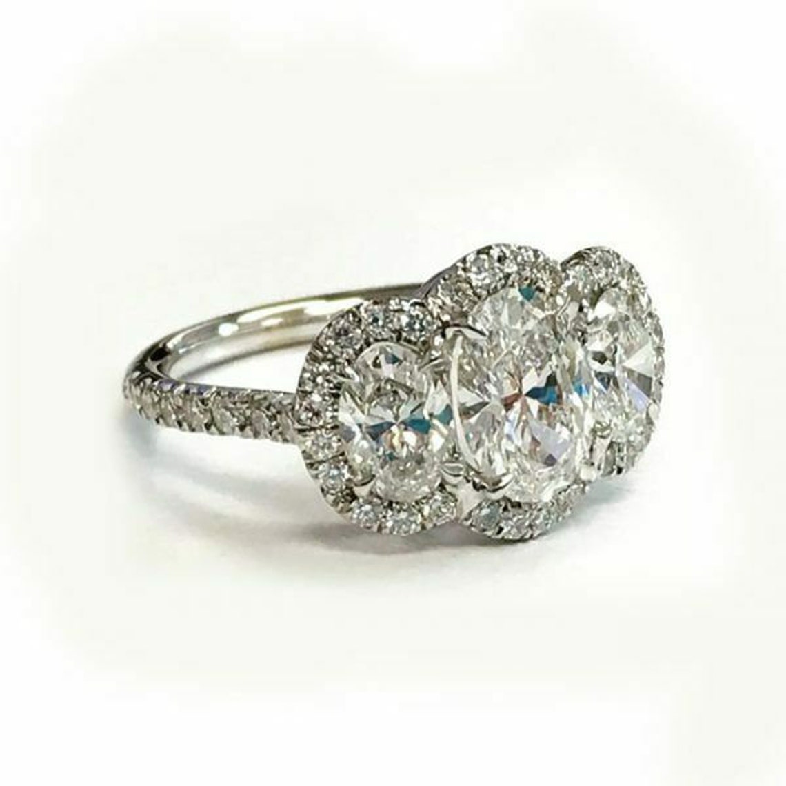 Oval Moissanite Engagement Ring Three Stone Ring Halo Style Etsy