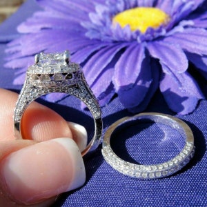 Vintage Cushion Cut Moissanite Bridal Engagement Ring Set 14K White ...