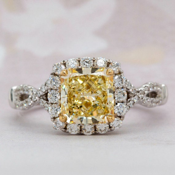 Ideal Gift For Mother Vintage Art Deco Moissanite Engagement Ring Fancy Yellow Radiant Moissanite Ring Halo Diamond Ring Twisted Band Ring