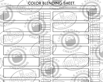 May include: A black and white printable color blending sheet with a grid for mixing colors. The sheet is designed by Cale Stewart Creations and Calissy Creations.