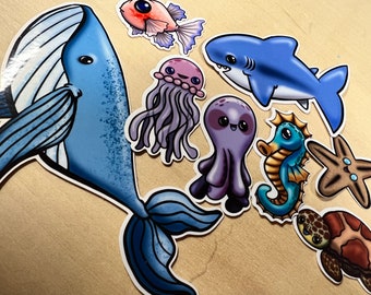 Ocean Sticker pack - whale, sea creators, stickers, glossy waterproof stickers, (pack of 8)