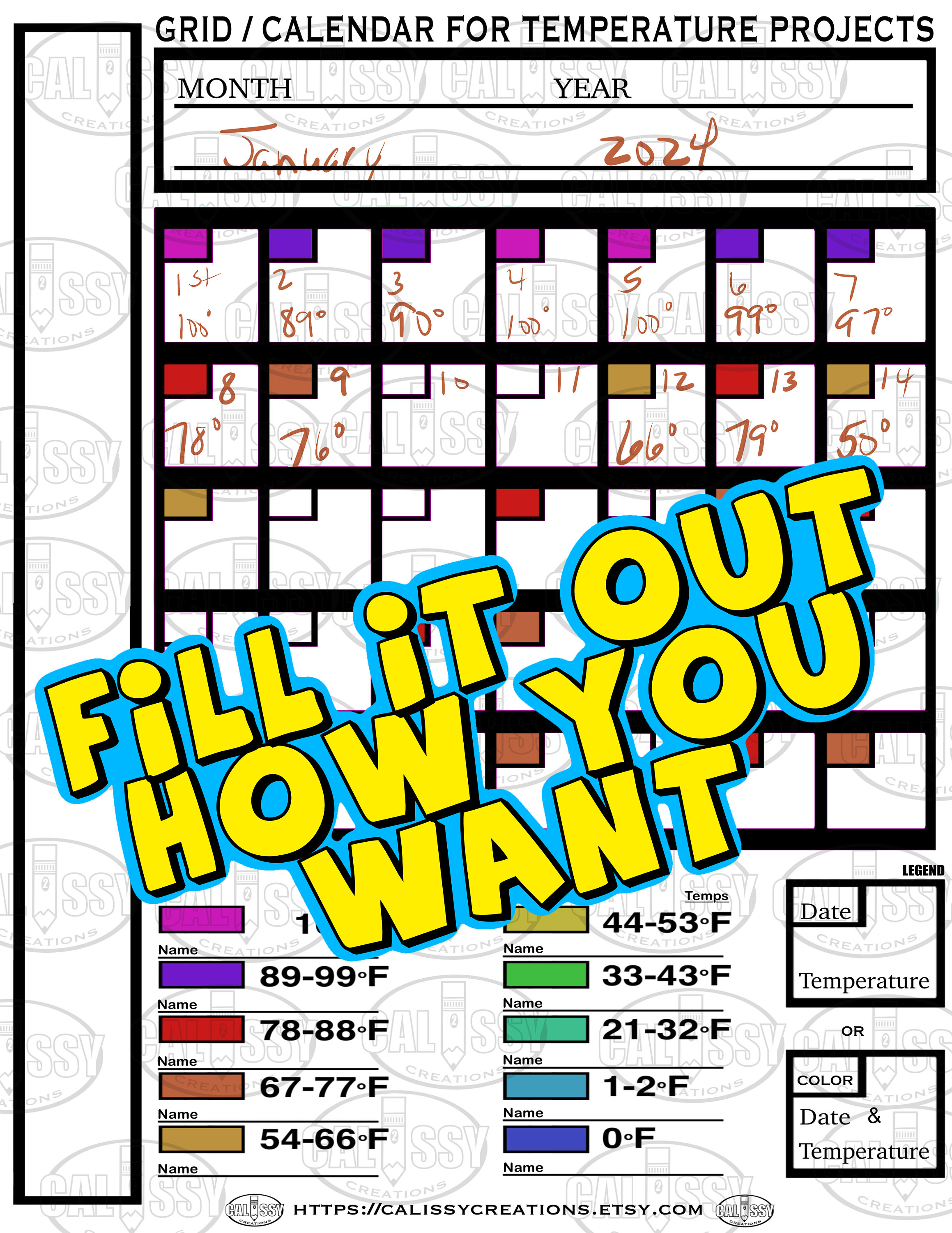 Printable Digital Temperature Chart, Template, Color Project Printable ...