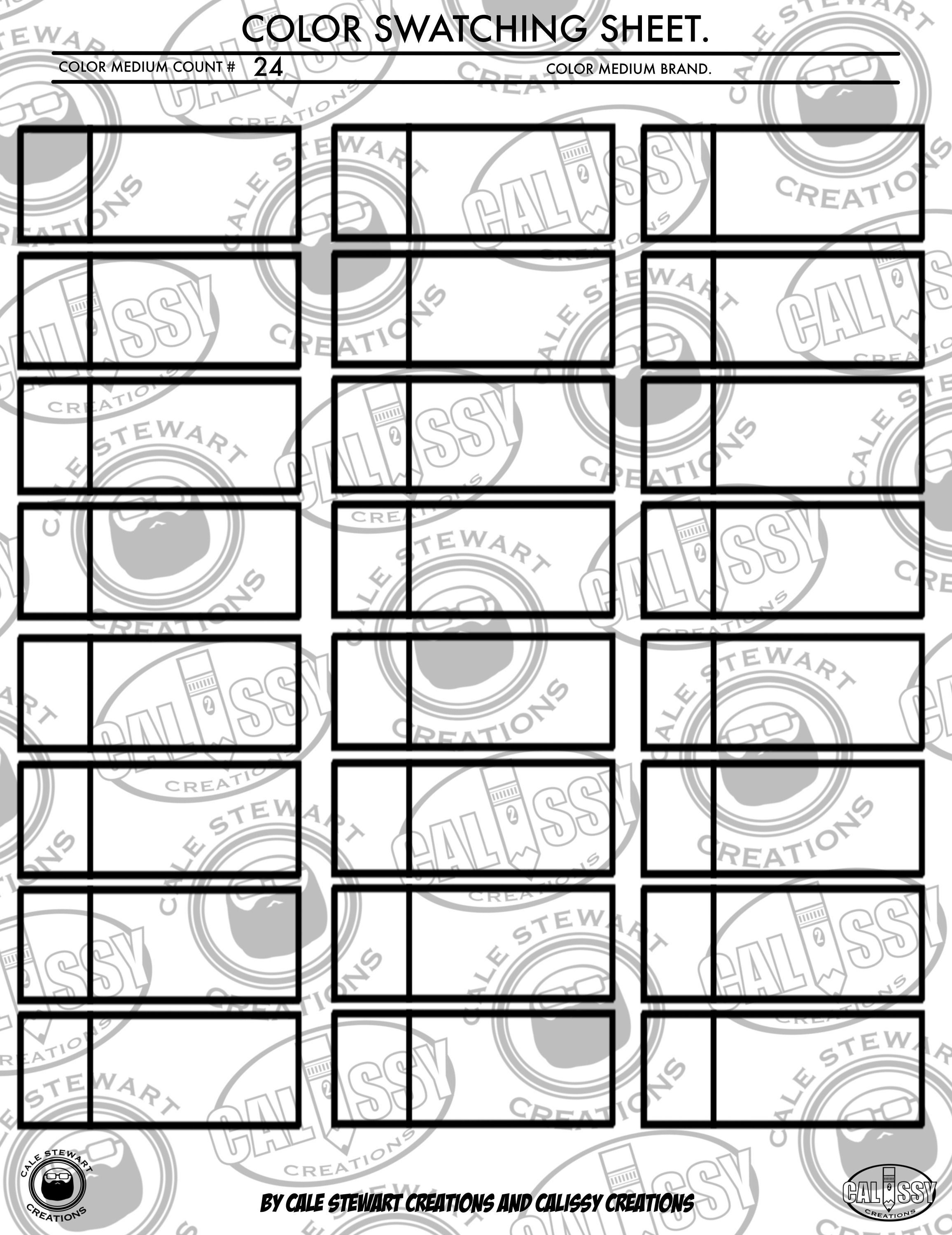 Printable Color Swatch Chart 24 Colors, Blank, Swatch Chart for Artists