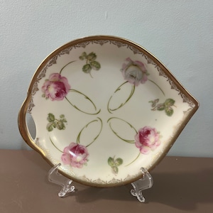Antique Hand Painted PM Bavaria Porcelain Leaf Shaped German Rose Dish