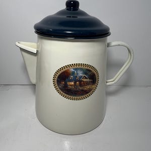 Vintage Thomas Kinkade Enamelware Tea Coffee Pot “The End of a Perfect Day III”, made in the USA