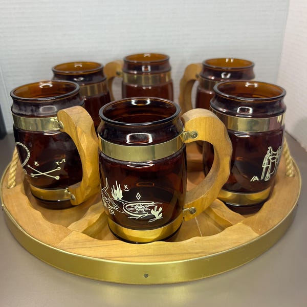 Vintage Siestaware Western Wood Wagon Wheel Tray with Six Wood Handled Glass Mugs 1950s