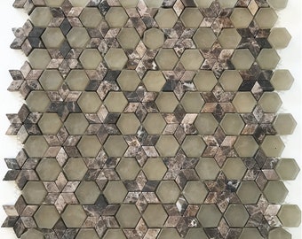 May include: A mosaic tile sheet featuring a repeating pattern of star and hexagon shapes. The design incorporates a mix of materials, including light beige, brown, and dark gray elements. The tiles are arranged in a grid, creating a visually appealing surface suitable for various design applications.