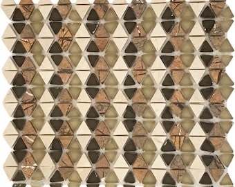 May include: A mosaic tile sheet with a geometric pattern of brown, beige, and white triangular tiles. The tiles are arranged in a staggered pattern to create a diamond shape.