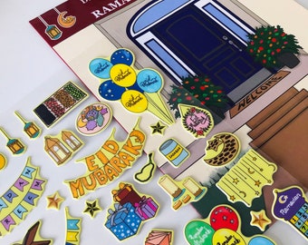 May include: A set of colorful stickers featuring Ramadan and Eid Mubarak themes. The stickers include crescent moons, stars, lanterns, gifts, balloons, and a prayer rug. The stickers are perfect for decorating your home for the holidays.