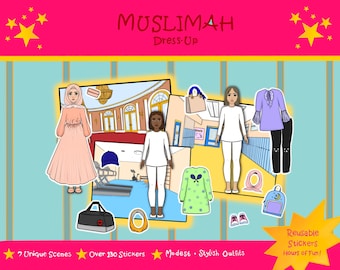 May include: A paper doll dress-up set featuring a Muslim woman in various outfits and scenes. The set includes over 130 stickers and 7 unique scenes.