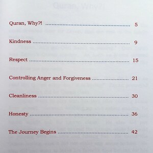 May include: Table of Contents for a book titled "Quran, Why?!" with chapter titles and page numbers. Chapters include "Quran, Why?!", "Kindness", "Respect", "Controlling Anger and Forgiveness", "Cleanliness", "Honesty", and "The Journey Begins".