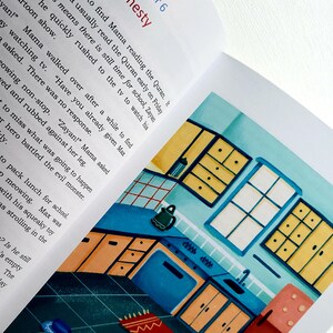 May include: A colorful illustration of a kitchen with a blue countertop, yellow cabinets, and a red refrigerator. A cat with brown and white spots is on the floor in front of a red rug. The text "Chapter 6 Honesty" is at the top of the page.