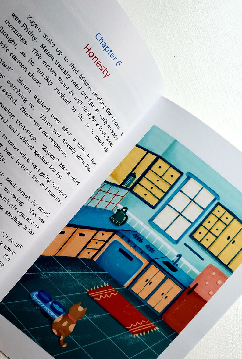 May include: A colorful illustration of a kitchen with a blue countertop, yellow cabinets, and a red refrigerator. A cat with brown and white spots is on the floor in front of a red rug. The text "Chapter 6 Honesty" is at the top of the page.