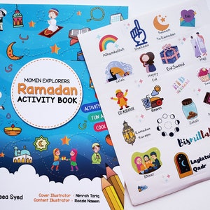 May include: A blue and white activity book with the title "Momin Explorers Ramadan Activity Book" and a sticker sheet with illustrations of Islamic symbols and phrases. The sticker sheet includes images of a crescent moon, a mosque, a lantern, and a hand with a raised index finger.