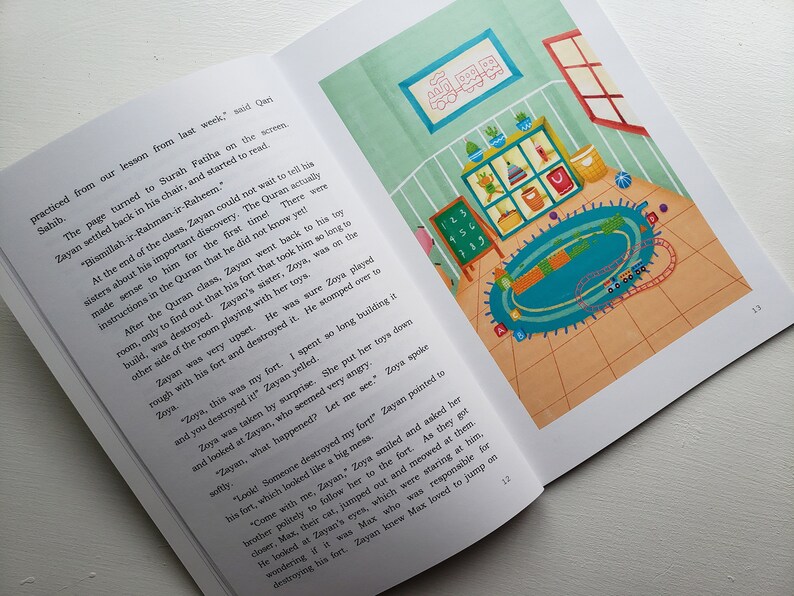 May include: A colorful illustration of a child's playroom with a blue rug, a bookshelf with toys, and a window. The text "Bismillah-ir-Rahman-ir-Raheem" is visible on the page.