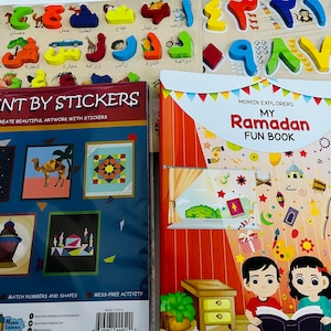 Ramadan Box Bundle for Little Kids, Wooden Arabic Puzzle (Alphabets and Numbers), Activity Book, Paint by Stickers - Retail CAD 65