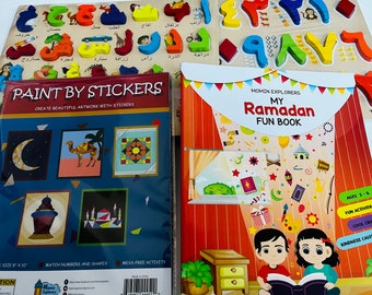 Ramadan Box Bundle for Little Kids, Wooden Arabic Puzzle (Alphabets and Numbers), Activity Book, Paint by Stickers - Retail CAD 65