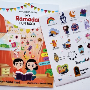 May include: A colorful book titled "My Ramadan Fun Book" with illustrations of children reading and a variety of Ramadan-themed stickers. The book is by author Aleea Syed and illustrator Nimrah Tariq.