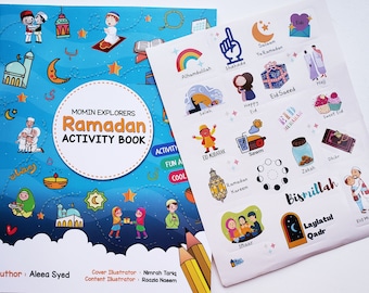May include: A blue and white activity book with the title "Momin Explorers Ramadan Activity Book" and a sticker sheet with illustrations of Islamic symbols and phrases. The sticker sheet includes images of a crescent moon, a mosque, a lantern, and a hand with a raised index finger.
