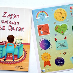 May include: A colorful book titled "Zayan Unlocks the Quran" with an illustration of a young boy sitting at a desk with a laptop. The book comes with a set of stickers featuring Islamic quotes and illustrations.