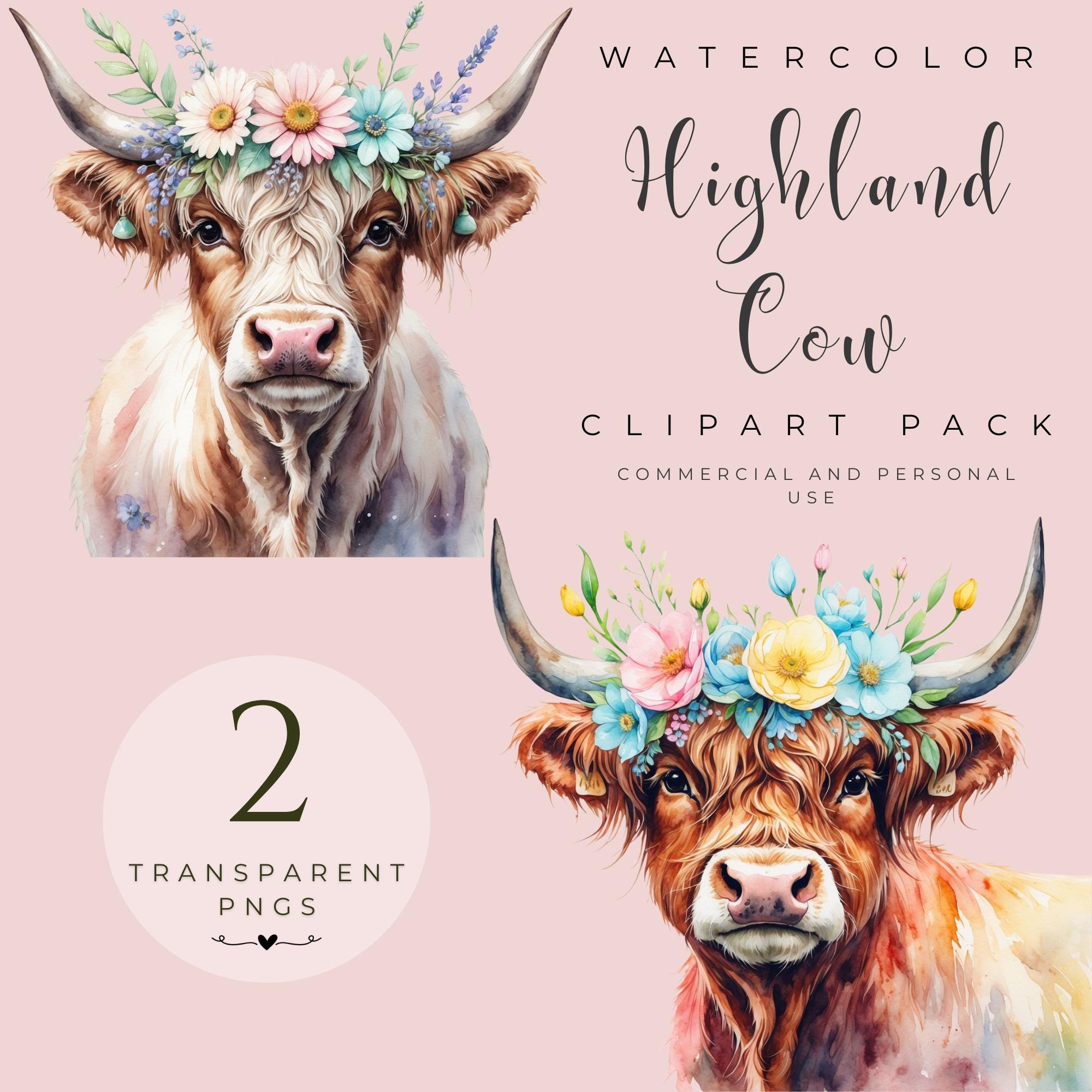 Watercolor Highland Cow PNG, Floral Farm Animal Art (digital Download ...